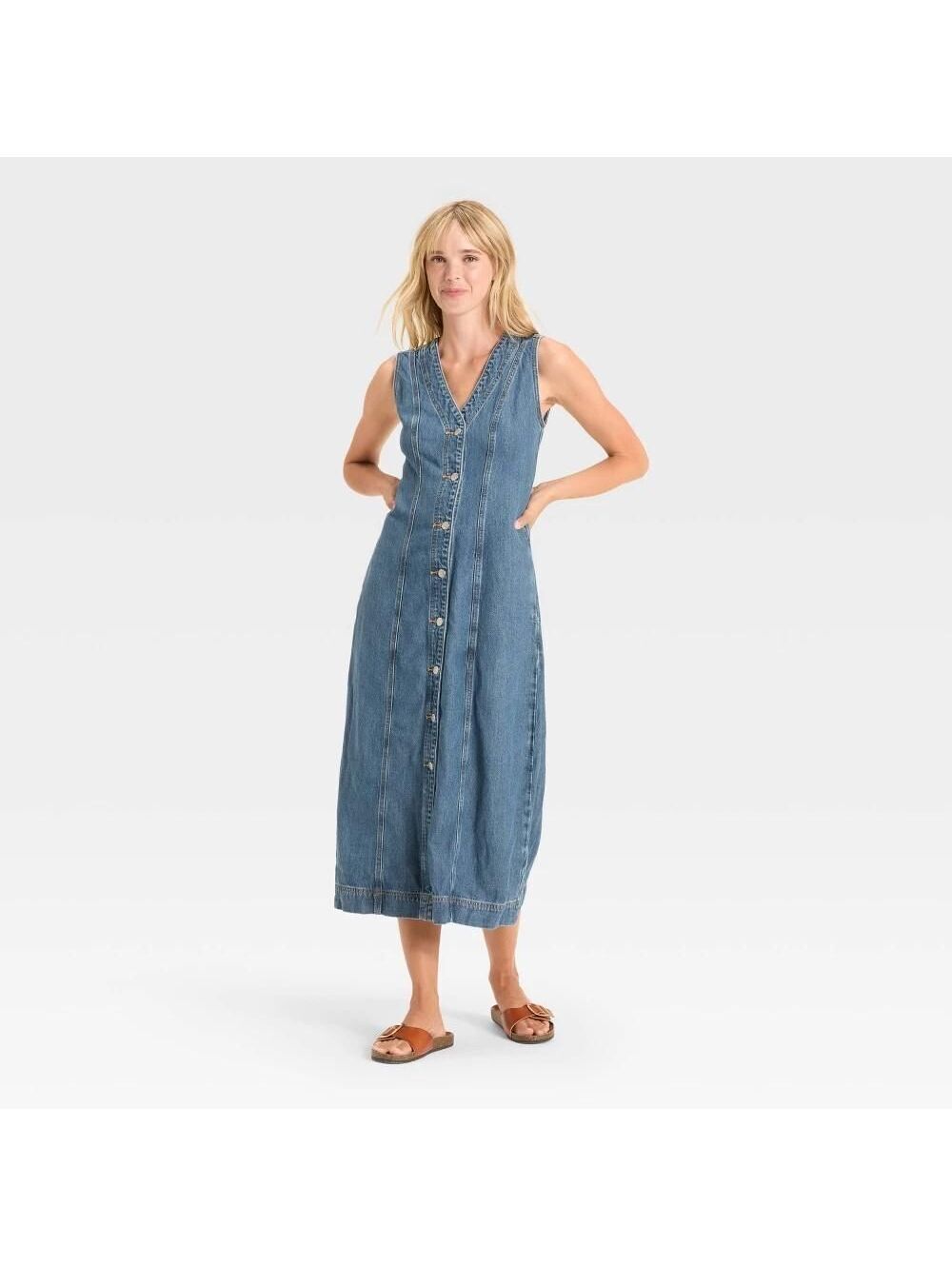 Women's Denim Button-Down Ankle Dress - Universal Thread™ Medium Wash 2